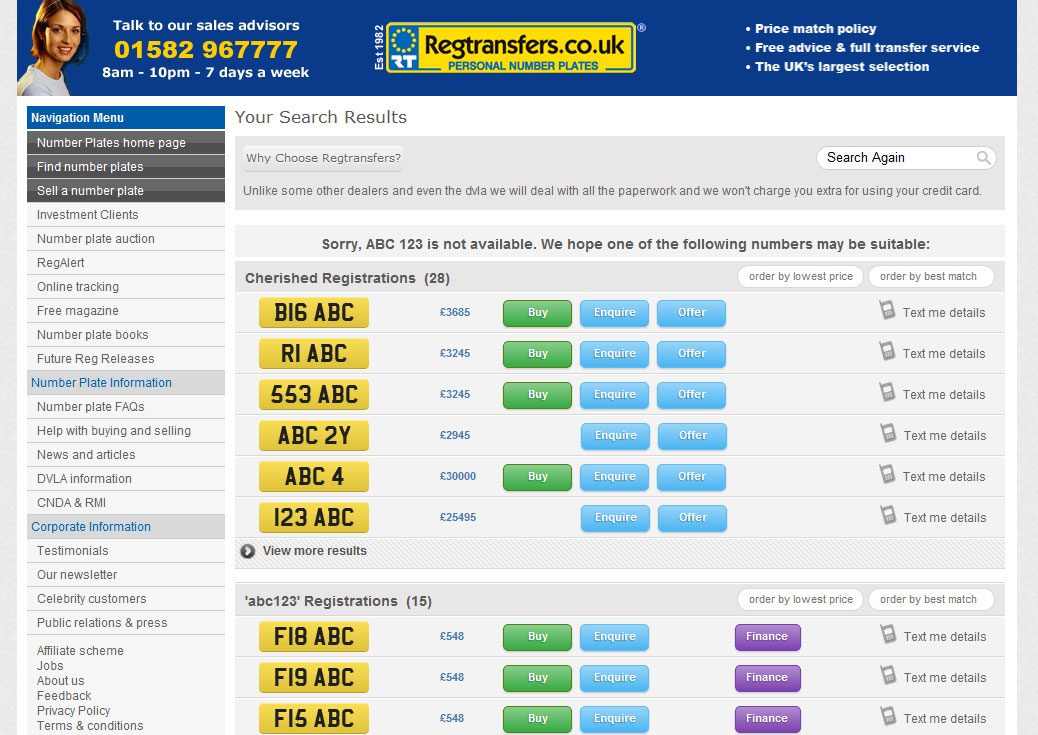 Screenshot of RegTransfers website results for ABC 123